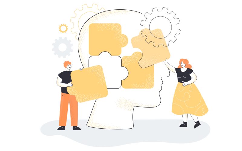 Team of people putting puzzle pieces of huge head together. Man and woman creating personality flat vector illustration. Mental health, psychological help, support, partnership, leadership concept