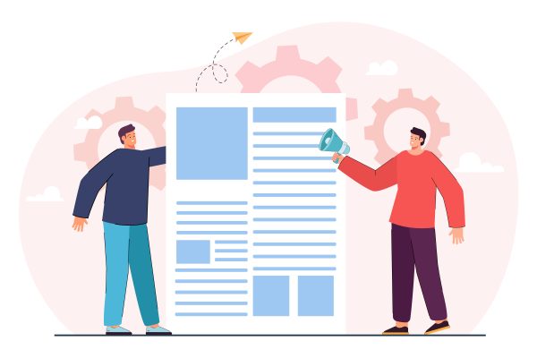 Journalists or editors with page from newspaper. Man holding megaphone and spreading news flat vector illustration. Communication, media, information concept for banner, website design or landing page